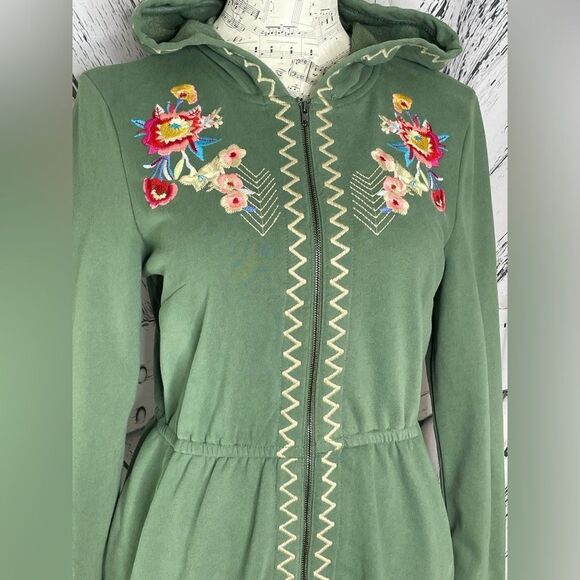 Solitaire Embroidered Full Zip Tunic Hooded Sweatshirt Green Size M - Picture 2 of 9